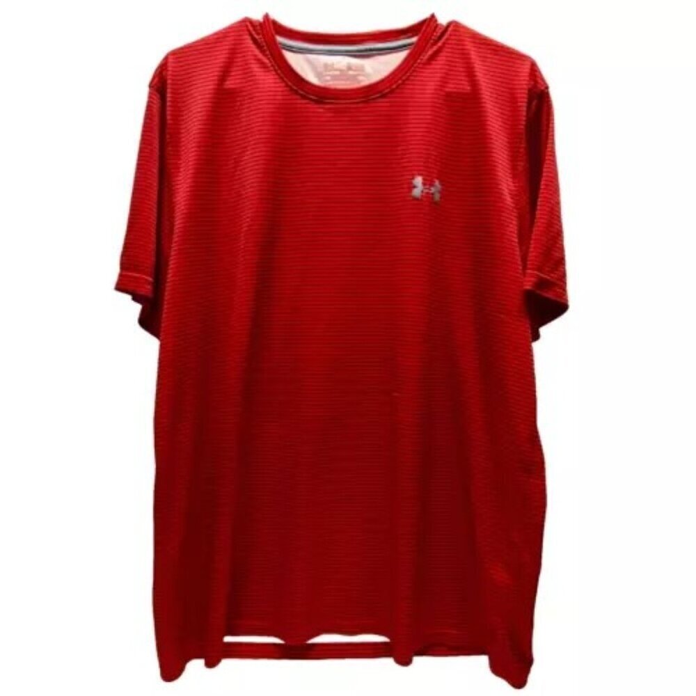 Under Armour Heatgear Loose Fit Mens Large Red Gray Stripe Short Sleeve Tech Tee